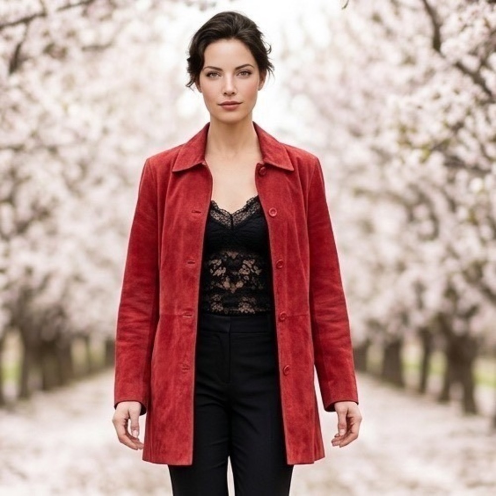 Bernardo Womens Red Genuine Suede Leather Button Front Mid Length Coat Jacket L